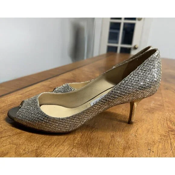 Jimmy Choo Women’s 37.5 ISABEL Champagne Glitter Fabric Open Toe Pump Shoe - Picture 4 of 8